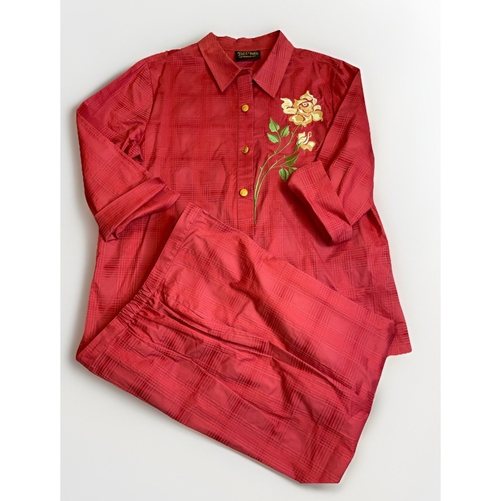 Bob Mackie Wearable Art Pant Set 3/4 Sleeve Button Up Coral Red Large Capris